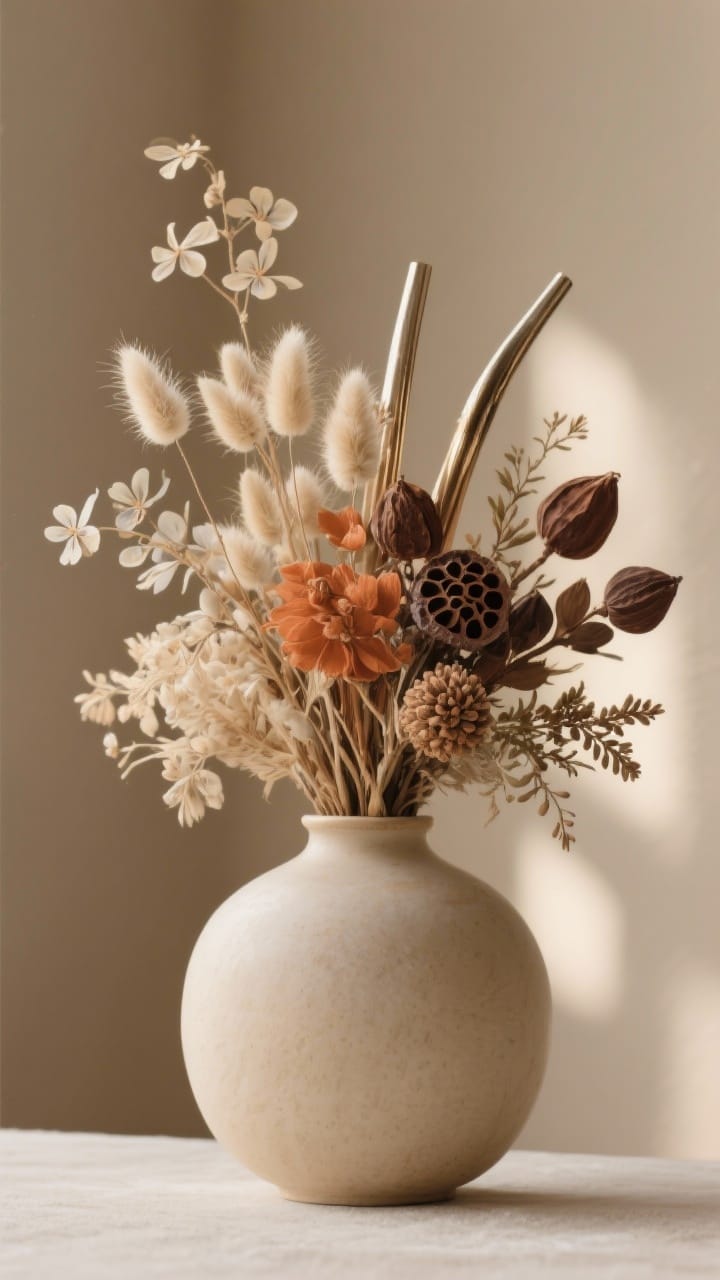 Straight-on detail shot of a dried winter bouquet in a squat, wide-mouth vase: stems of lunaria, bunny tails, bleached ruscus, and seed pods in a palette of creams, terra-cotta, and chocolate browns. Include two or three subtle metallic stems tucked in for shimmer. Low arrangement for conversation-friendly height, warm neutral backdrop, soft side lighting to emphasize texture.