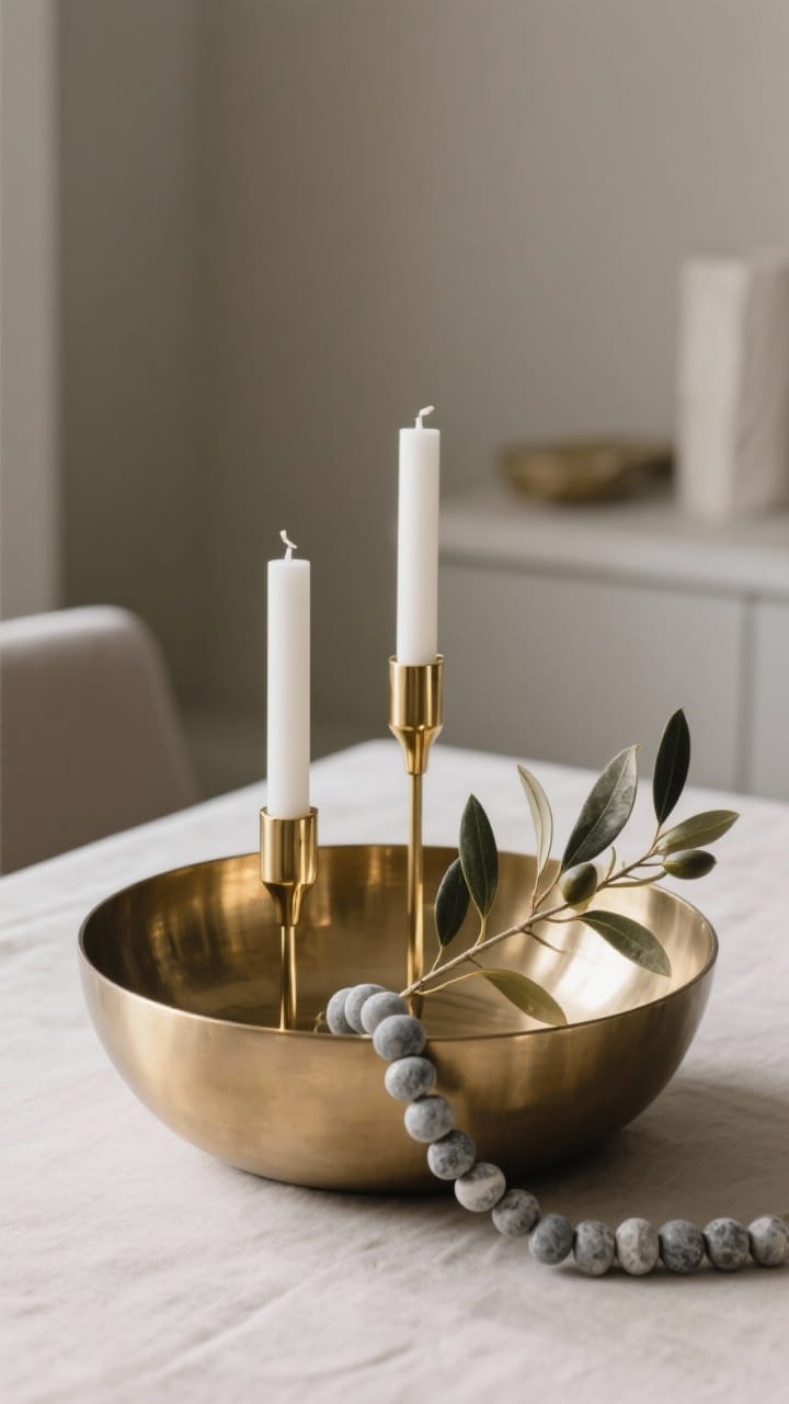 Straight-on medium shot of a monochrome metallic centerpiece: an all-brass composition mixing matte and polished finishes, a matte brass bowl, polished brass taper holders with neutral white and stone-gray candles. A sprig of olive or stone bead garland to soften the shine. Sleek, modern mood under balanced, soft lighting that showcases varied metal finishes.