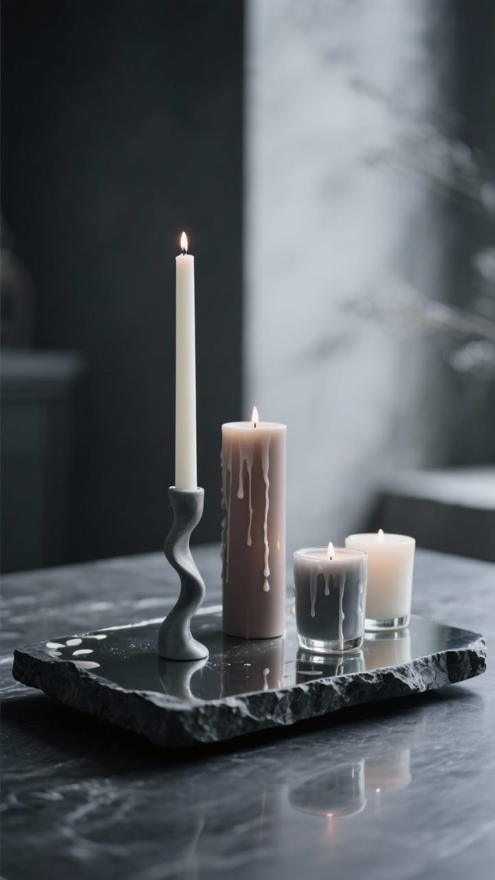 Straight-on medium shot of a moody candle cluster centerpiece: one tall taper, one medium pillar, and two low votives arranged on a dark stone slab or mirrored tray. Cohesive color family of candles in ivory, taupe, and smoky gray, plus a single sculptural twist candle for a modern touch. Low, dramatic winter lighting with reflections and controlled wax drips, background softly blurred.