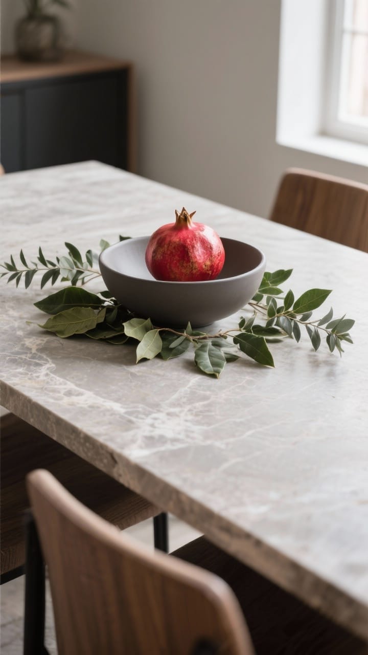 Wide dining table shot featuring an everyday fruit centerpiece: a sculptural matte ceramic bowl filled with a single hero fruit, deep red pomegranates, nestled on a bed of fresh bay leaves and eucalyptus. Stone or wood table surface, clean lines, practical luxury mood. Natural daylight from the side to highlight rich color and matte texture.