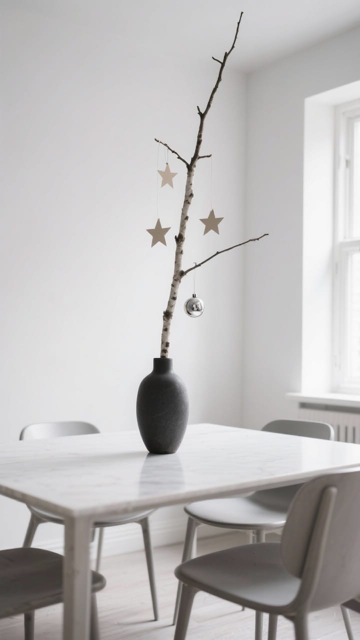 Wide, minimalist dining scene with a slim matte black stoneware vase holding a tall, bare birch branch. Two or three tiny paper stars and a small metallic ornament hang sparingly from the branch. Cool palette of whites, grays, and soft metallics; clean table surface; diffused daylight from a side window for gallery-like energy without blocking sightlines.