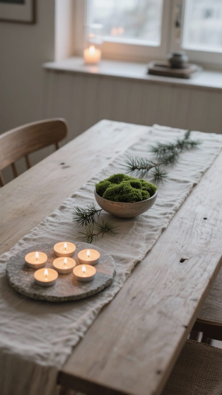 Wide shot of a Scandinavian-inspired low centerpiece: natural linen runner in stone, a low candle plate with six tea lights arranged in a clean grid, and a sparse line of fir or a single ceramic bowl of green moss. Everything under six inches tall. Quiet, warm glow, minimal materials, calm mood with soft, diffused evening light and clean lines.
