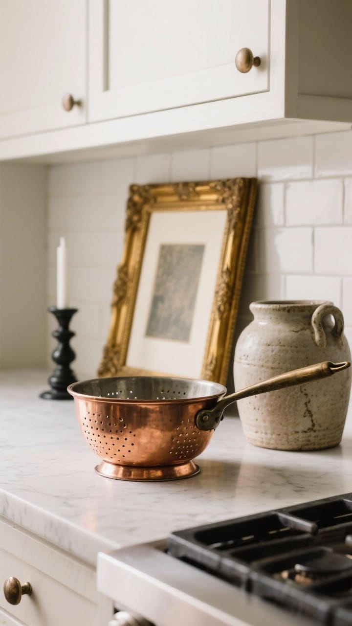 Closeup detail of warm metals on a kitchen counter: a vintage copper colander and copper pot catching soft afternoon light, an antique gold/brass picture frame leaning against a backsplash beside a stoneware crock, and a blackened steel candleholder for contrast; warm, tactile winter palette with stoneware and copper pairing, shallow depth of field