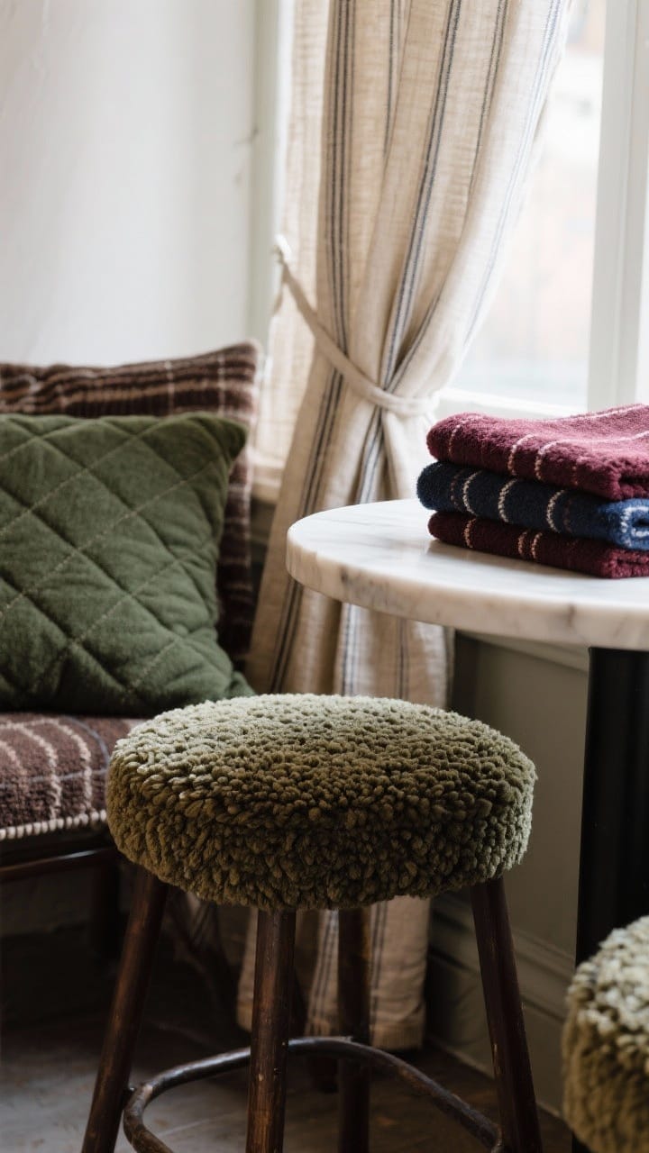 Closeup detail of winter-friendly textiles: boucle seat cushion on a bistro stool, a folded wool or quilted cotton cushion nearby, flax linen cafe curtains with a subtle ticking stripe filtering daylight, and patterned towels in deep hues with delicate checks and stripes; colors in earth tones, forest green, oxblood, and navy; tactile, cozy textures