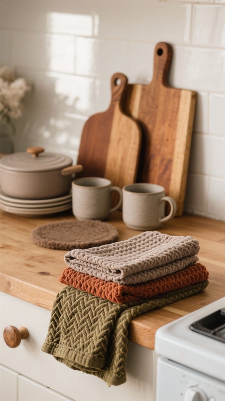 Closeup detail shot of layered winter kitchen textiles on a natural wood counter: waffle-weave and herringbone tea towels in earthy tones (taupe, rust, olive), a folded linen-cotton blend towel, matte stoneware mugs, a felt pot pad, and a stack of warm-toned cutting boards leaning against a soft-white backsplash; mix of matte ceramic and soft linen textures, warm ambient morning light, shallow depth of field