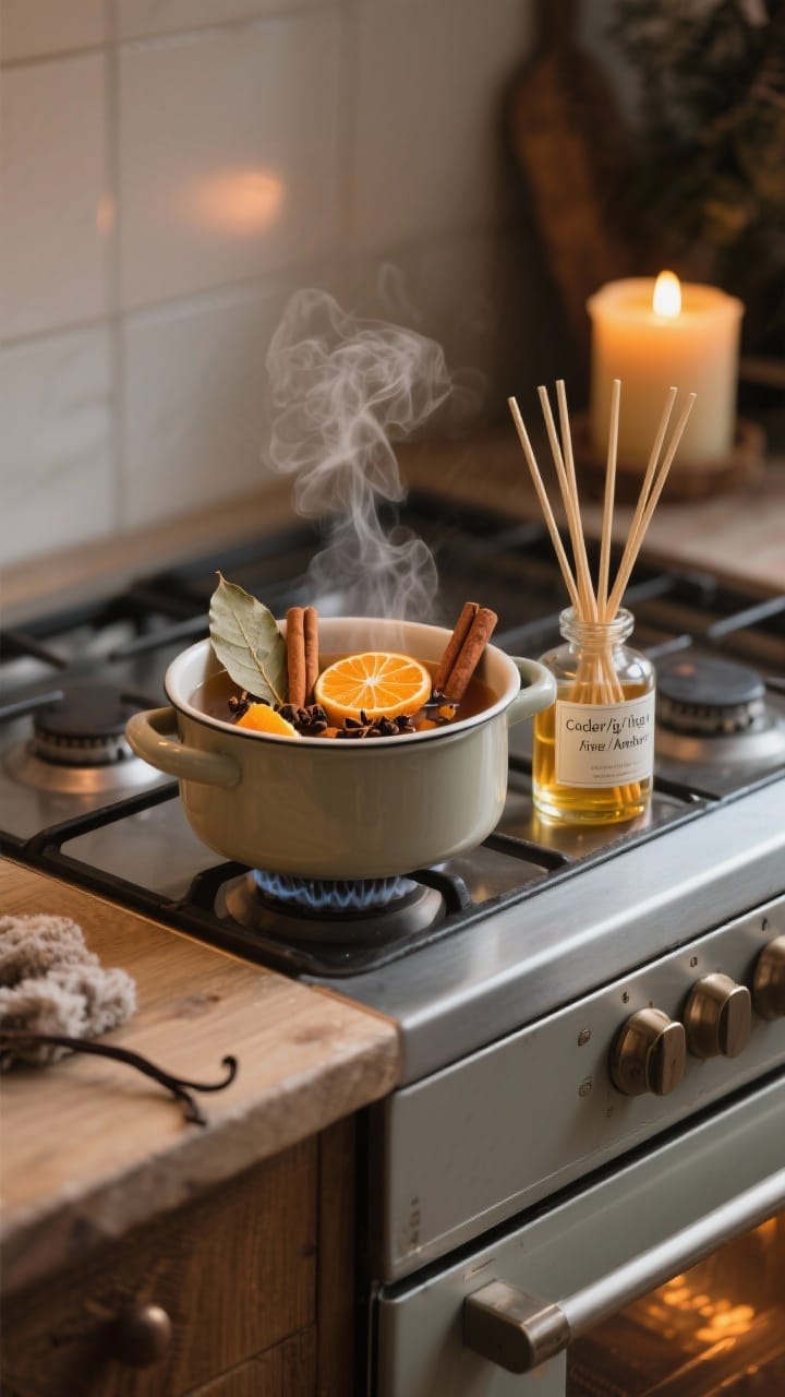 Closeup vignette of subtle winter scenting: a stovetop simmer in a small pot with orange peels, cinnamon sticks, cloves, and a bay leaf releasing gentle steam; a reed diffuser labeled cedar/fig/amber beside it, and a lit beeswax candle giving a warm honeyed glow; optional oven door ajar hinting at a vanilla extract warm-up; cohesive woodsy-warm mood, low evening light