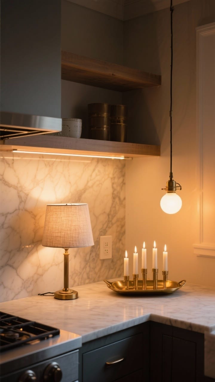 Medium shot of a kitchen corner styled with warm lighting: a small lamp with a linen shade on an open shelf, dimmable under-cabinet LED strips casting a soft 2700K glow on a marble backsplash, battery-operated taper candles clustered on a brass tray in the corner, and a pendant swapped to a warm-white bulb; evening ambience, soft amber pools of light, no overhead glare
