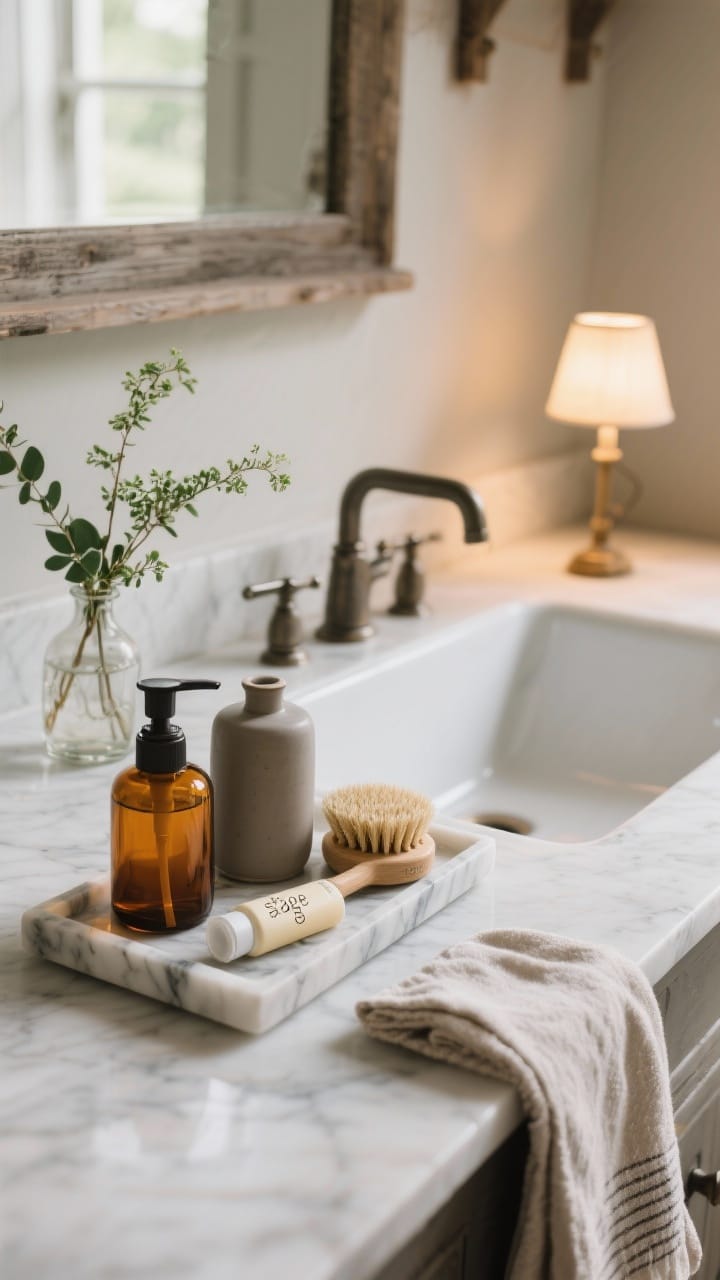 Medium shot of a styled farmhouse sink “stage”: a marble tray corralling amber glass and matte ceramic soap dispensers, a natural bristle scrub brush, hand cream, and a linen towel draped over the sink edge; a small bud vase with a fresh greenery clipping, and a petite counter lamp nearby casting a cozy low-light wash; clean, spa-like mood