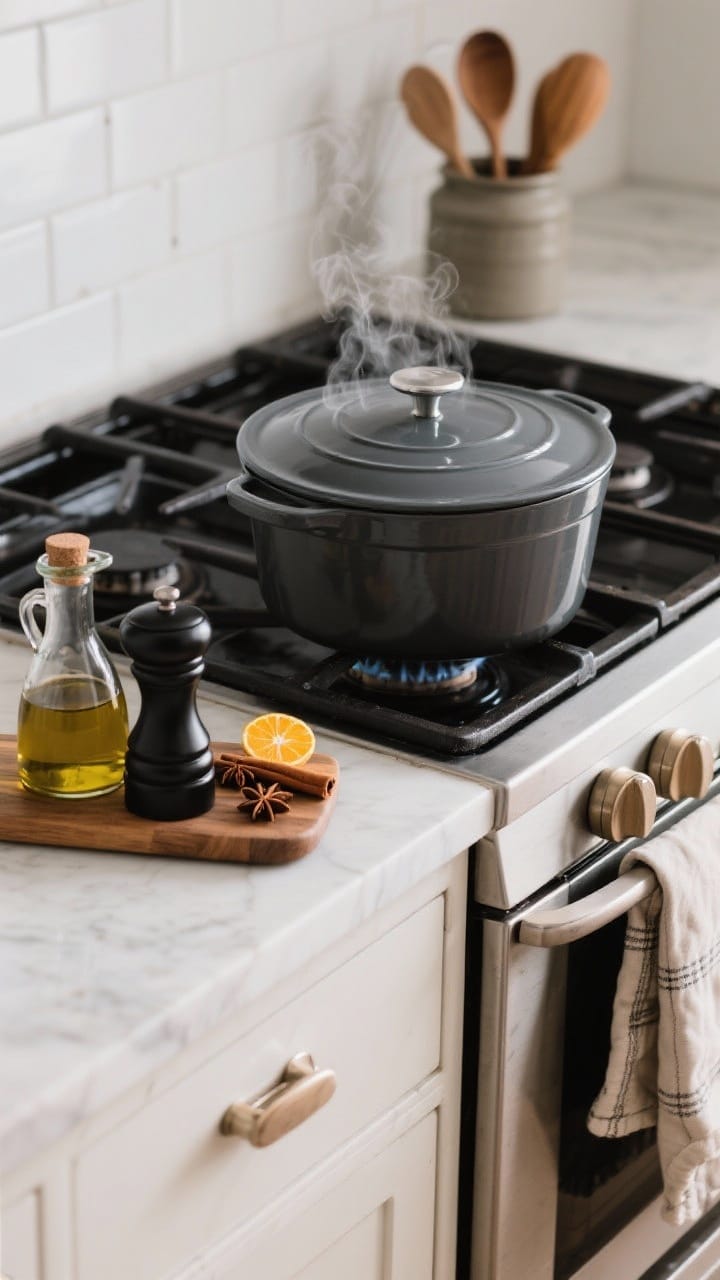 Medium shot of a styled stove scene: a matte enameled cast-iron Dutch oven parked on the back burner, wood or matte black salt and pepper mills set on a small cutting board, an oil cruet and a crock of wooden spoons, plus a linen oven mitt draped for texture; a simmer pot emitting gentle steam with citrus, cloves, cinnamon, and star anise; practical, wipeable surfaces