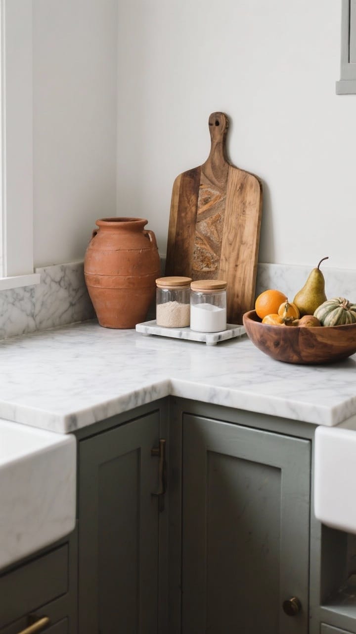 Medium shot of curated winter countertops: cleared surfaces with grouped items on a wooden board and a marble tray, matching canisters for flour/sugar or coffee/tea, a large vintage bread board leaning as the single statement piece, a terracotta urn and an oversized wooden bowl with winter produce (pears, citrus, squash); organized, intentional styling with negative space
