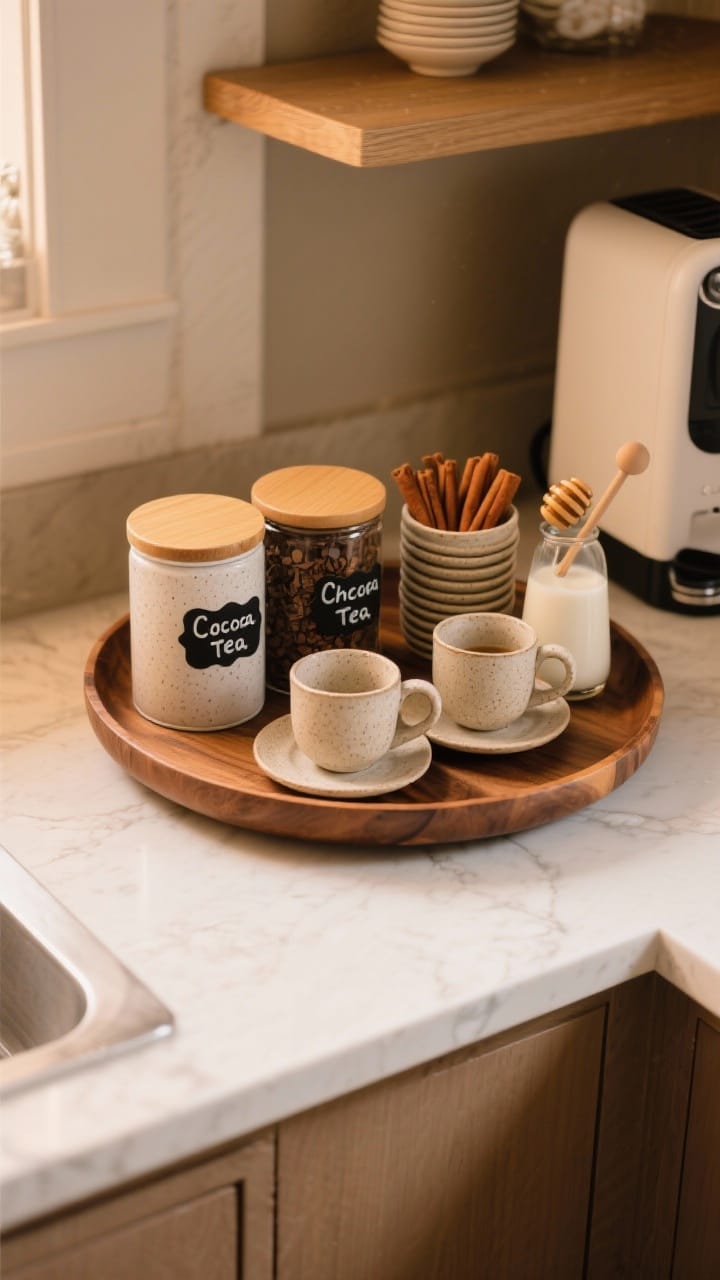 Overhead detail shot of a cozy beverage station: a round wood tray defining the zone with canisters labeled for cocoa, tea, coffee pods, and cinnamon sticks; pretty stoneware mugs stacked on saucers, a honey dipper, and a compact milk frother; warm counter tones, subtle shadowing, clean styling with winter vibe