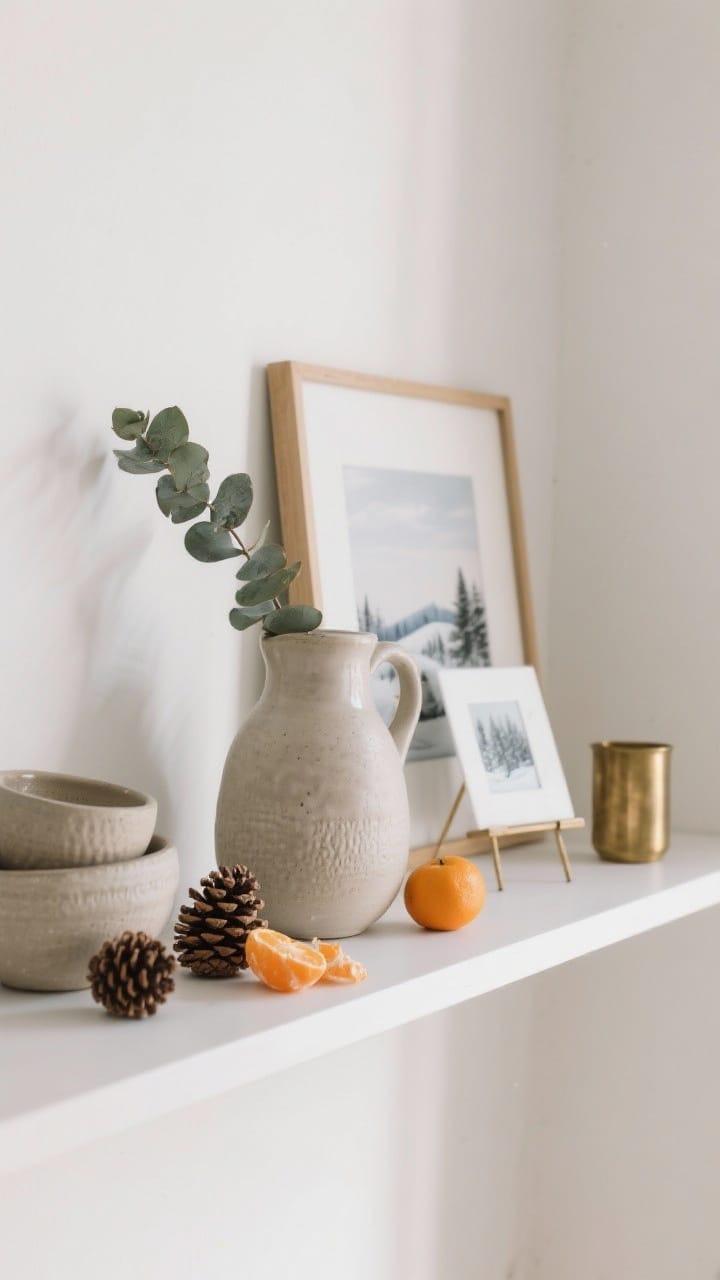 Straight-on medium shot of a single seasonal shelf vignette: neutral matte ceramics (stoneware bowls, textured pitcher), natural accents like pinecones and dried oranges mixed with a sprig of eucalyptus, a small winter landscape print propped on a stand, and a touch of metallic brass for a warm glint; restrained, layered styling against a white wall, soft diffused daylight