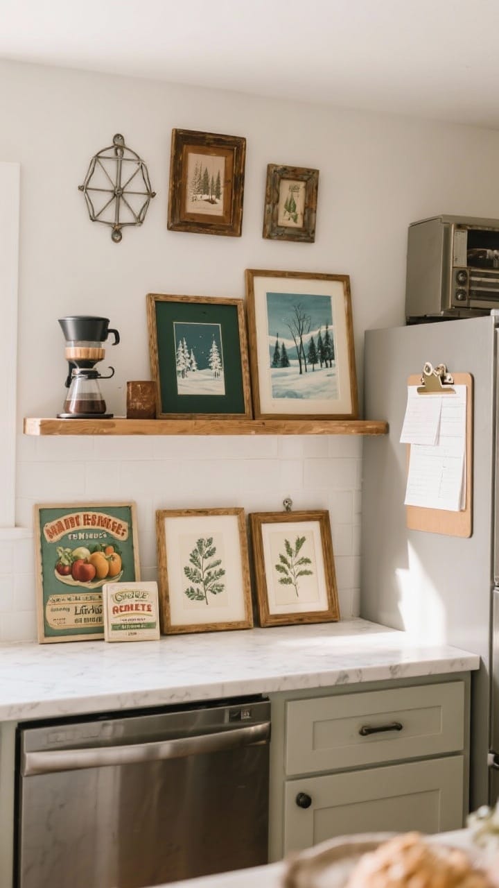 Straight-on shot of seasonal kitchen art placement: propped frames on a counter and shelf with winter landscapes, vintage produce labels, and botanical prints in muted palettes of deep green, smoky blue, and warm brown; a mini gallery above a coffee bar using mixed metal and wood thrifted frames, and a clipboard on the side of the fridge for easy swaps; soft afternoon light