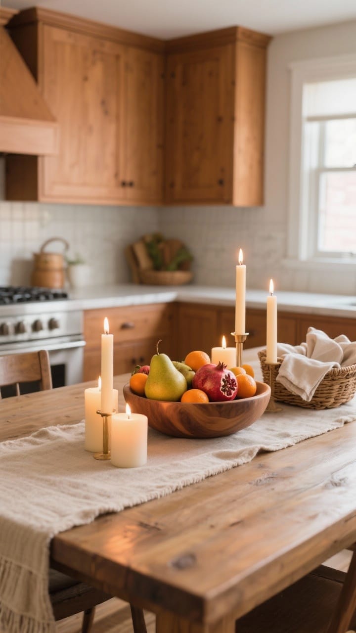 Wide dining nook shot in a kitchen: a linen or wool-blend table runner in a soft natural color, a low wooden bowl centerpiece filled with pears, pomegranates, and clementines, clustered candles in varying heights (tapers and pillars) for a warm glow, and a basket of cloth napkins; palette coordinated with warm-toned cabinetry and counters