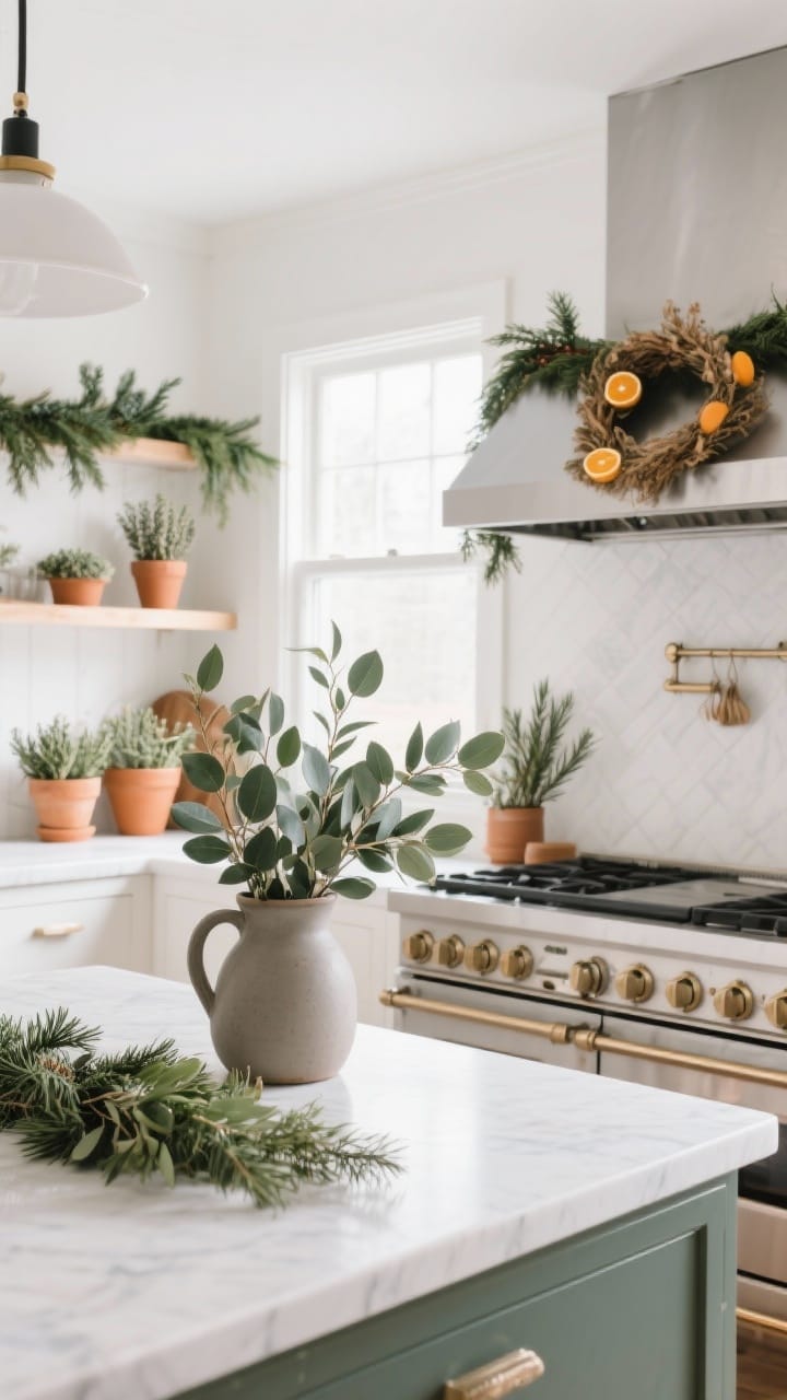 Wide shot of a bright winter kitchen with lasting greenery: eucalyptus and olive branches in a matte ceramic pitcher on the island, a short cedar garland draped along an open shelf, terracotta pots with rosemary and thyme near the window, and a dried citrus garland along the range hood; soft natural daylight, realistic textures, restrained composition