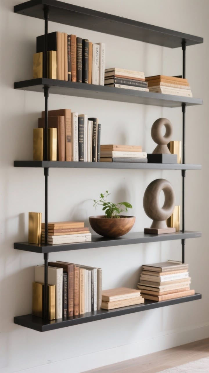 A medium shot of styled bookshelves using the rule of thirds: vertical and horizontal book stacks, negative space left purposefully, and organic shapes like a round bowl, a small plant, and a sculptural object; grouped in odd numbers, with repeated materials, brass bookends, wood accents, and black frames, for cohesive rhythm; soft daylight.