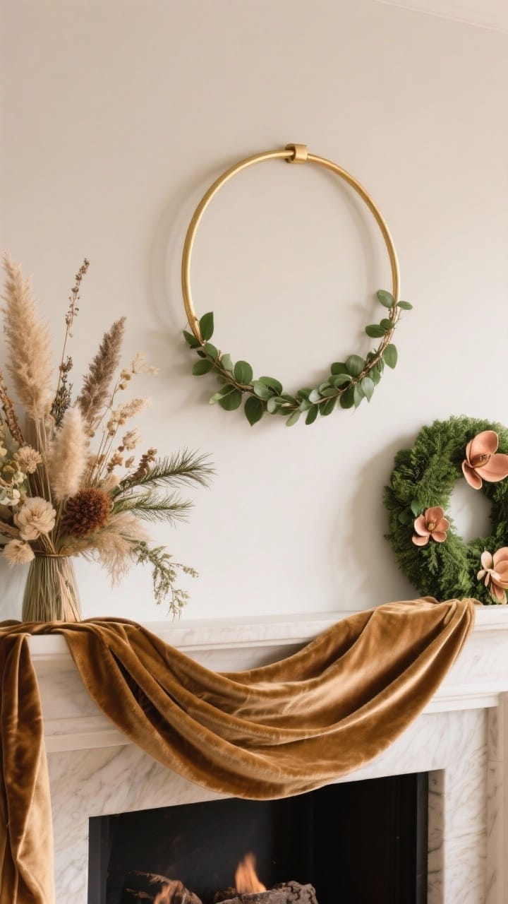 Statement wreath above a winter mantel with dried florals, pampas, and cedar below