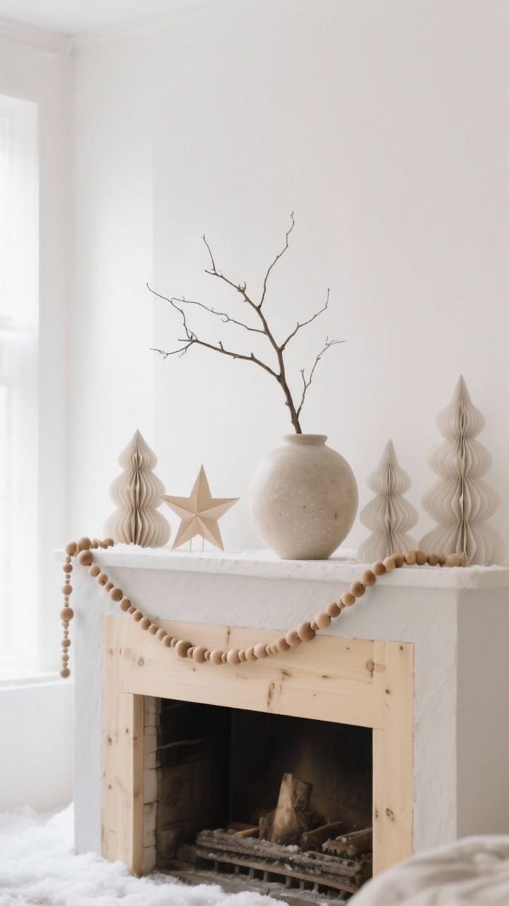 Minimal Scandinavian winter mantel with a single bare branch in a ceramic vase and wood bead garland