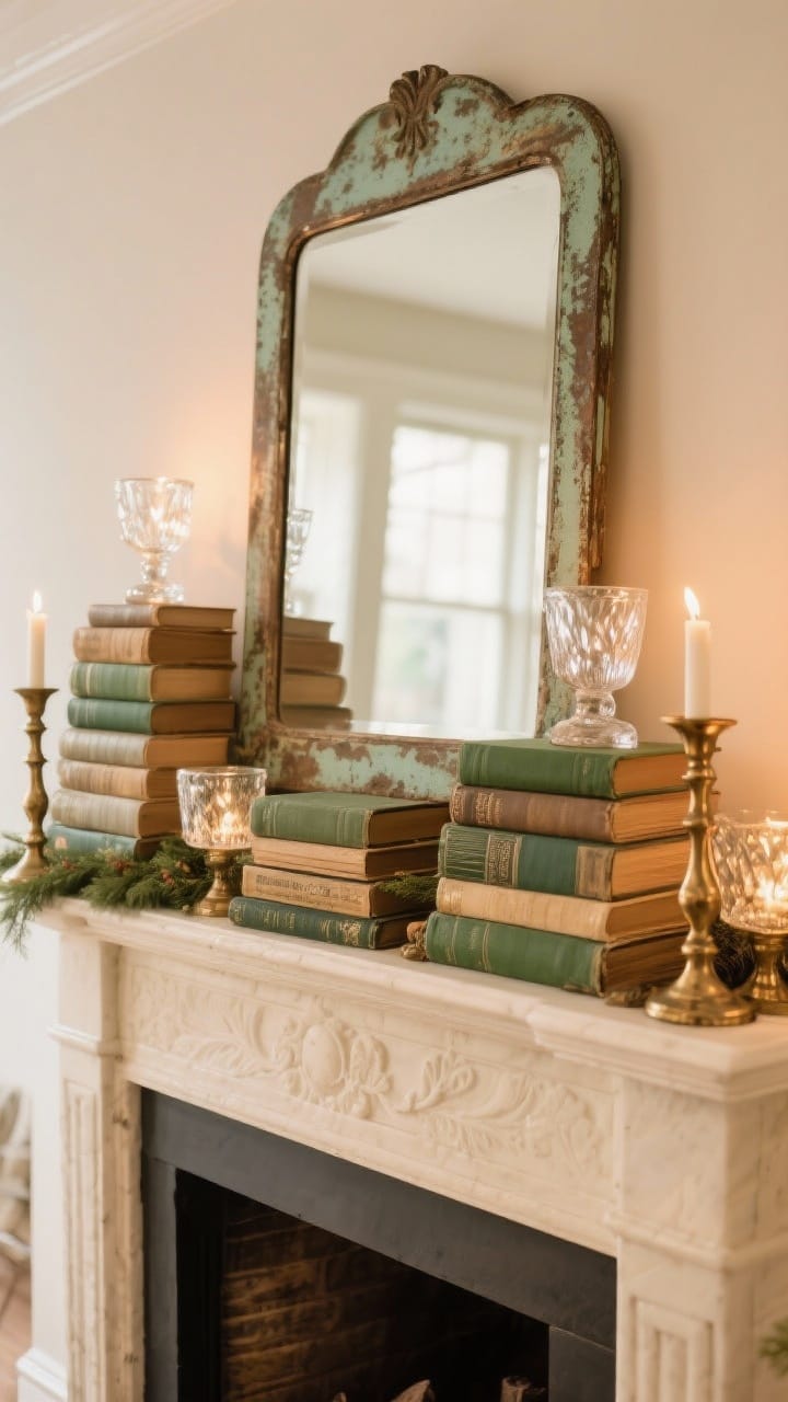 Vintage-inspired winter mantel with an antique mirror, stacked old books, and mercury glass candlesticks