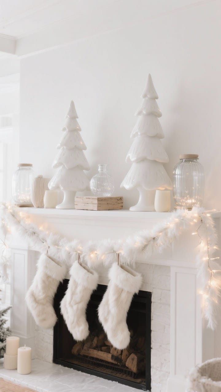 All-white winter wonderland mantel with ceramic trees, frosted glass, and clear fairy lights