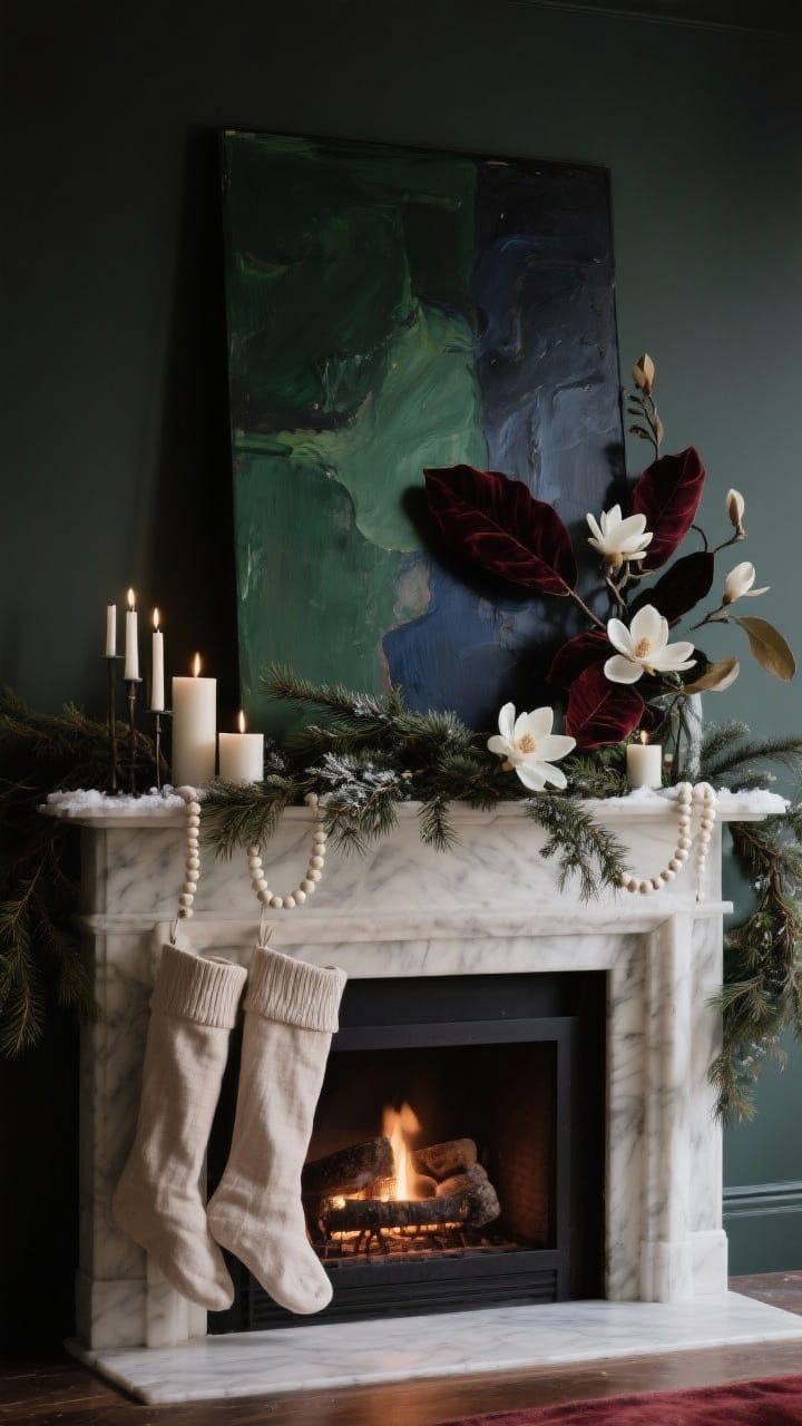 Moody winter mantel with deep green, charcoal, and oxblood tones and a dark art canvas