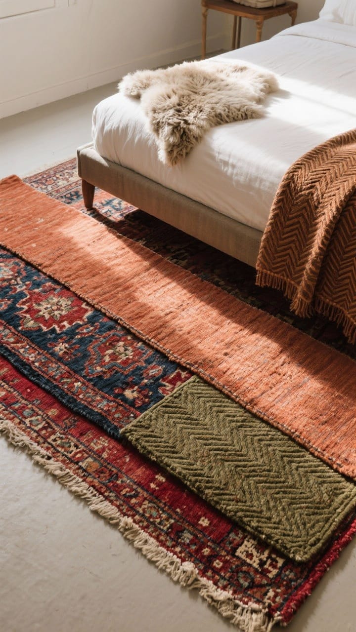 Overhead detail shot: Layered rugs underfoot—an aged Persian-style low-pile base rug in deep reds, navy, and olive, topped with a small sheepskin (or faux fur) accent near the bed; a rust-toned runner rug aligned along the bed frame for added coziness; visible herringbone detail on a nearby throw; soft morning light grazing the textures.