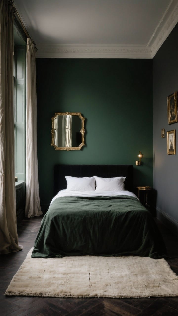 Wide shot: A moody Dark Academia bedroom wall in deep forest green with matte finish, balanced by light-colored linen curtains and a cream area rug; a single accent wall behind the bed painted ink black contrasts with adjacent charcoal walls; reflective brass picture frames and a beveled mirror bounce warm light to prevent a cave-like feel; soft evening lighting, no people, photorealistic.