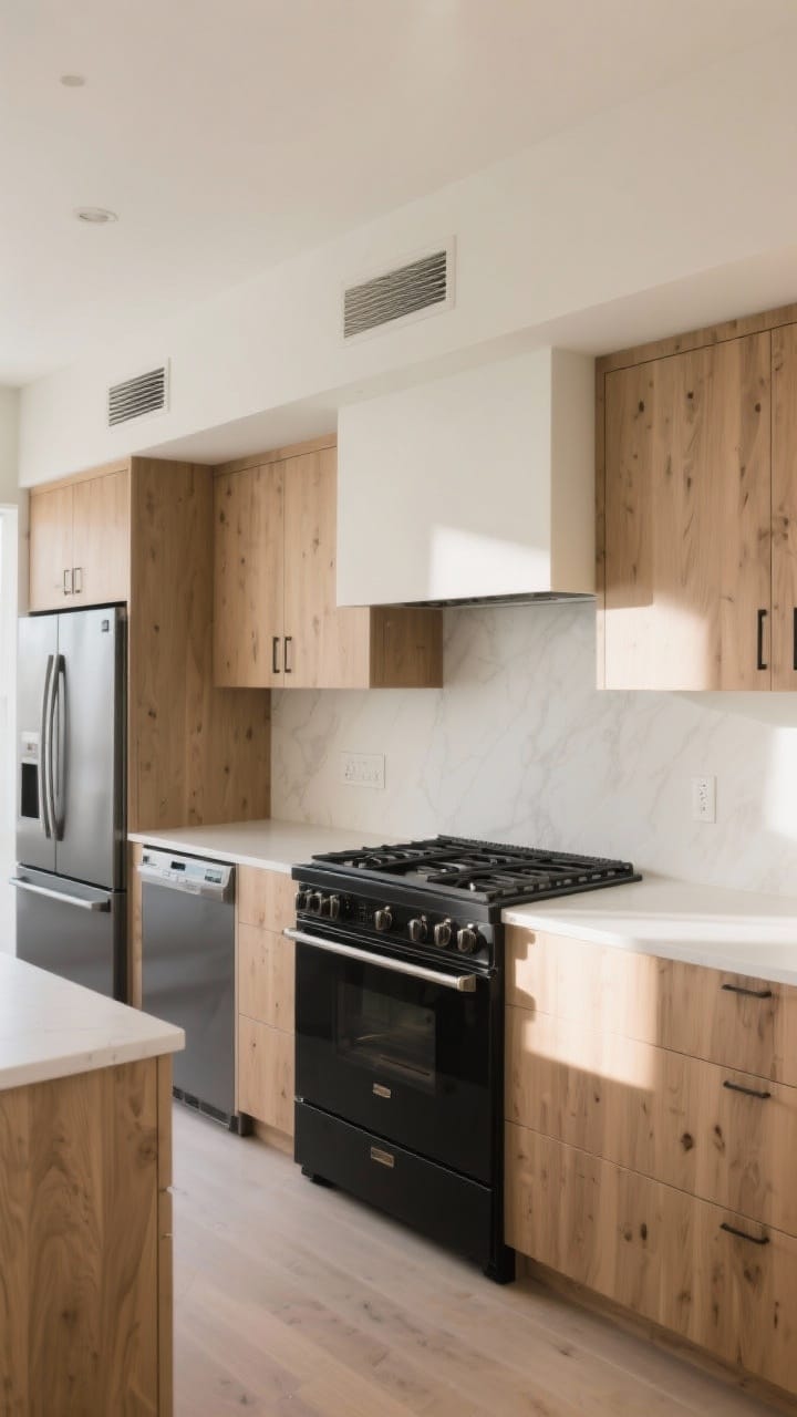 Wide shot: Seamless kitchen with panel-ready fridge and dishwasher blending into oak cabinetry, a professional-style matte black range centered beneath a simple plaster hood; integrated vents and minimal switches; restrained palette with quiet surroundings; clean morning light.
