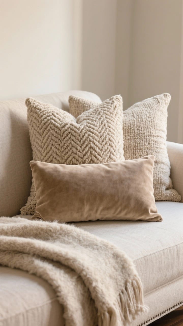 Upgraded winter textiles on a neutral sofa: linen base pillows, boucle and herringbone layers, and a suede lumbar for depth