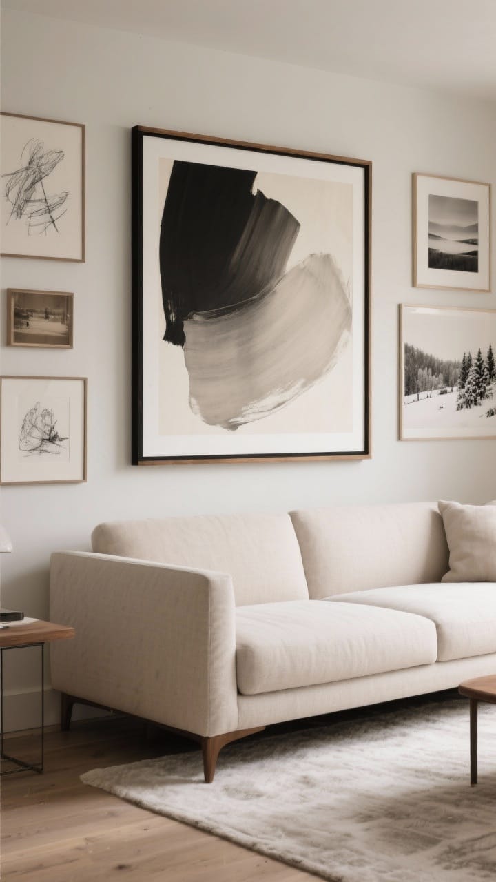 Calming neutral art: an oversized tonal abstract above a sofa with charcoal sketches and sepia photography in cohesive frames