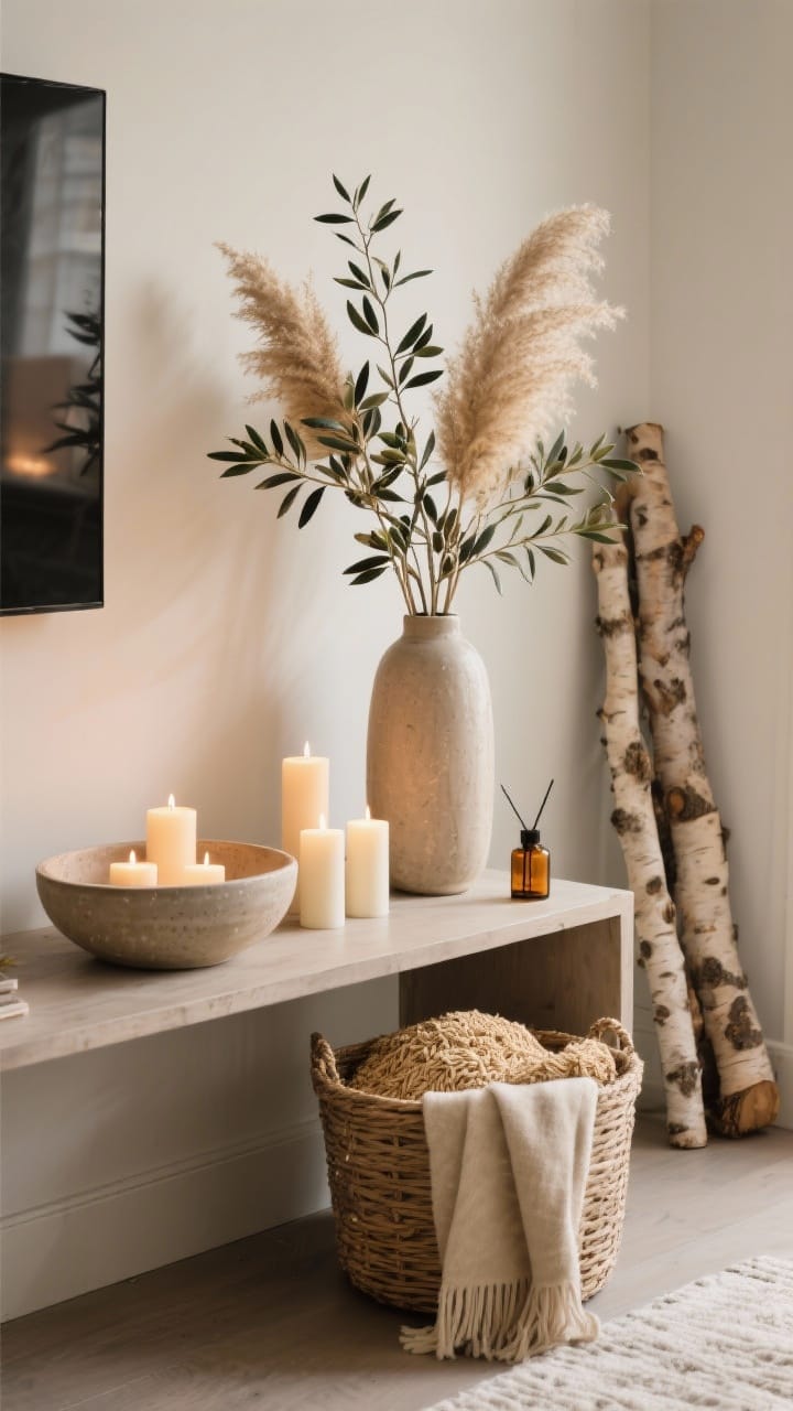 A January naturals vignette: olive branches in a tall vase, a stoneware bowl of pillar candles, and a basket of oatmeal throws