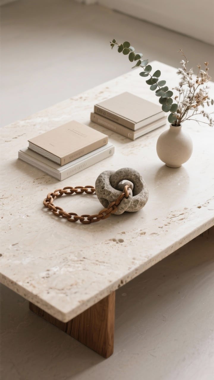 Overhead detail of a styled neutral coffee table: stacked books, a sculptural stone object, and dried eucalyptus in a simple vase