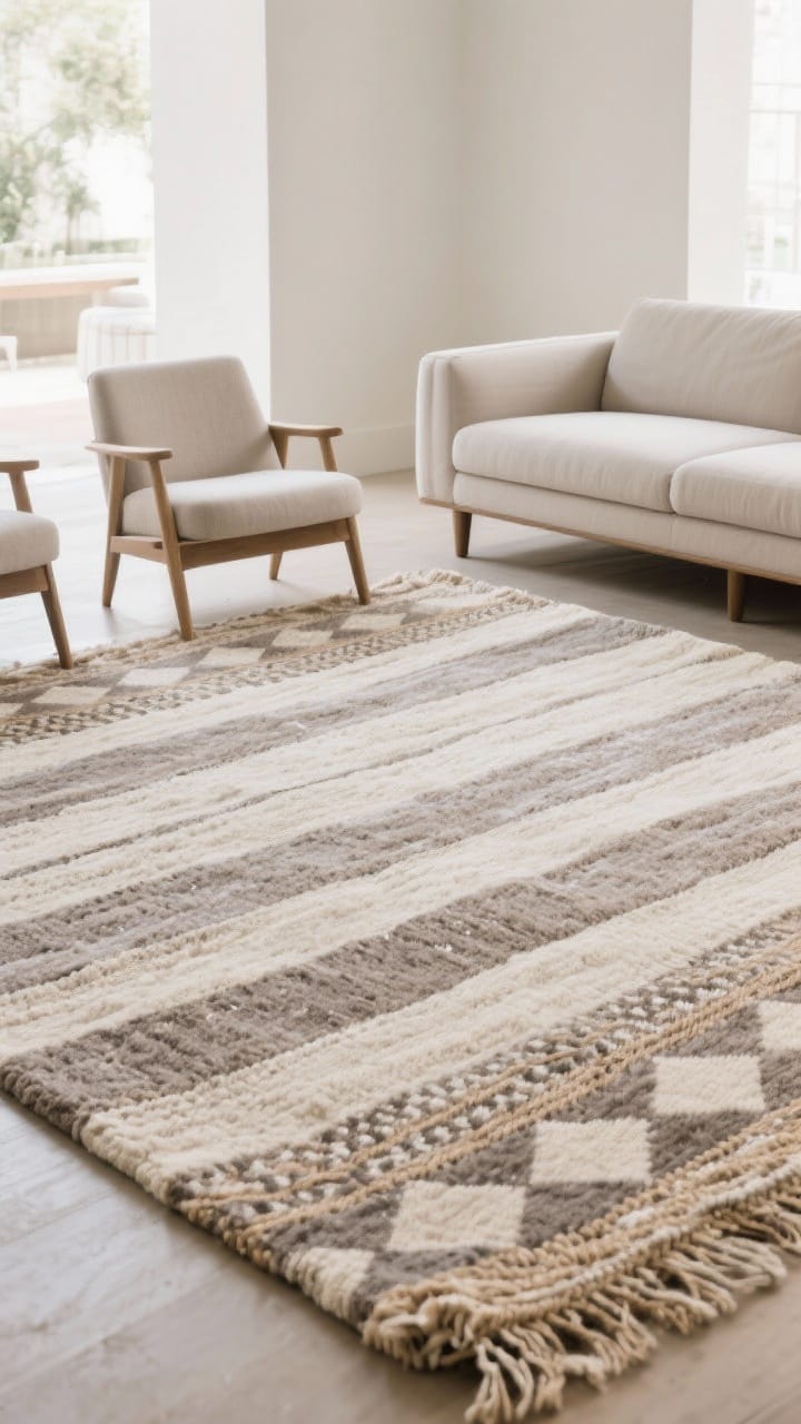 A neutral rug that stands out: a tonal striped rug with taupe and gray variation anchoring the seating area in a calm living room