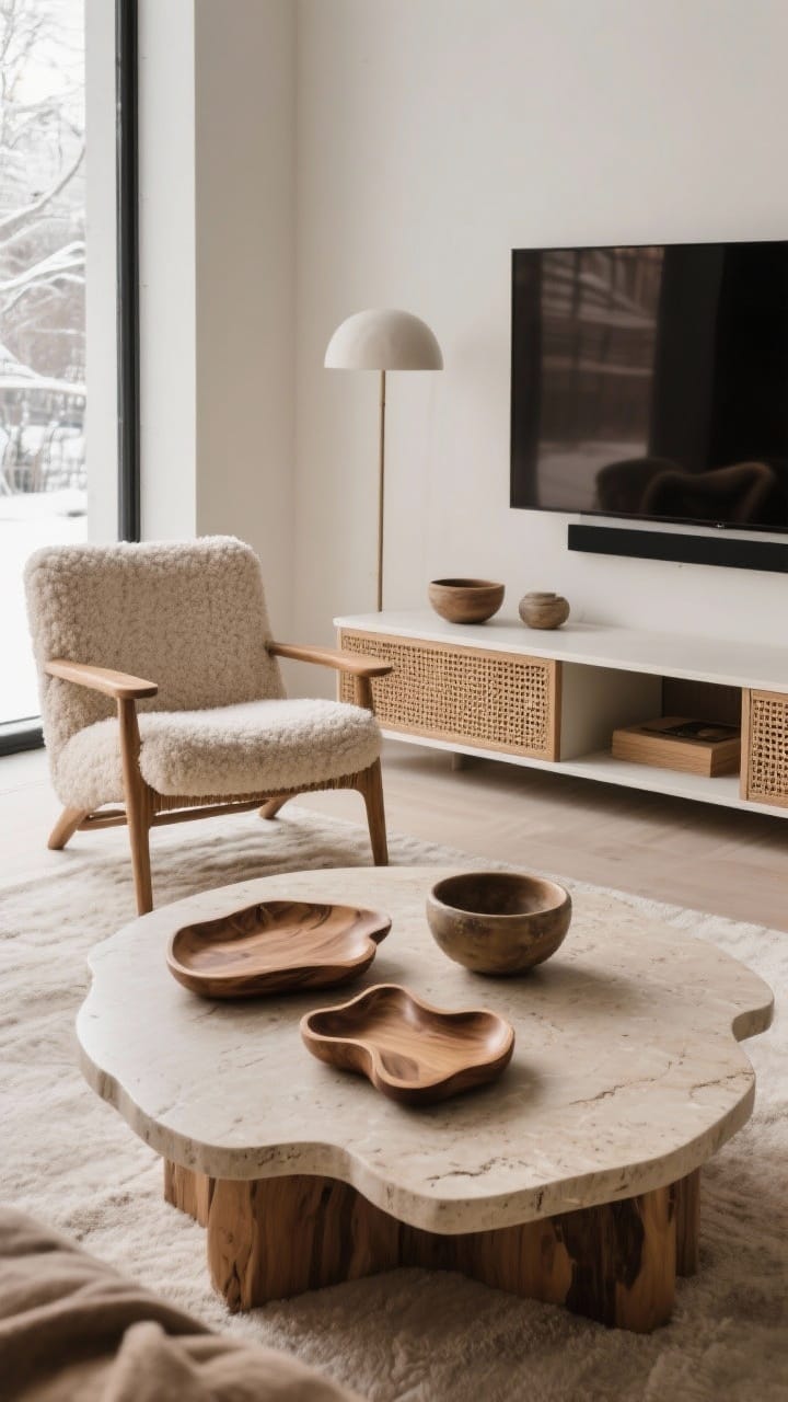 Organic shapes and natural materials: a round oak coffee table, a curved boucle accent chair, and irregular ceramic bowls in a neutral room