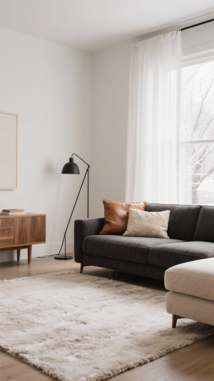 Wide shot of a winter-lit neutral living room: creamy white walls, a charcoal sofa on a neutral rug, caramel leather and oatmeal linen accents, warm wood side table and a black metal floor lamp