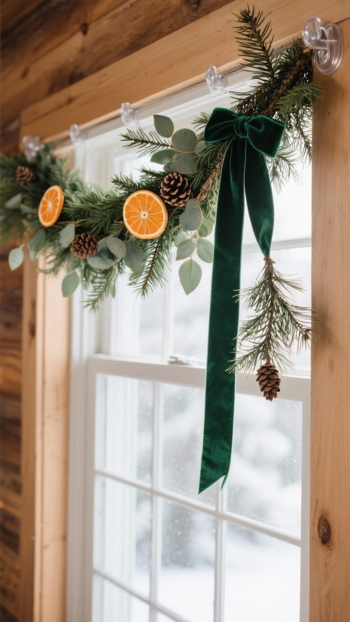 Photorealistic closeup of an evergreen window treatment: a cedar and eucalyptus garland draped across the top of a window, secured with clear Command hooks; threaded details include dried orange citrus slices, small pinecones, and narrow velvet ribbon in deep green; optional single pine branch hanging from a ribbon at one side; natural daylight with soft shadows, textures of needles and ribbon highlighted; fresh and elegant winter cabin vibe; slight upward angle.