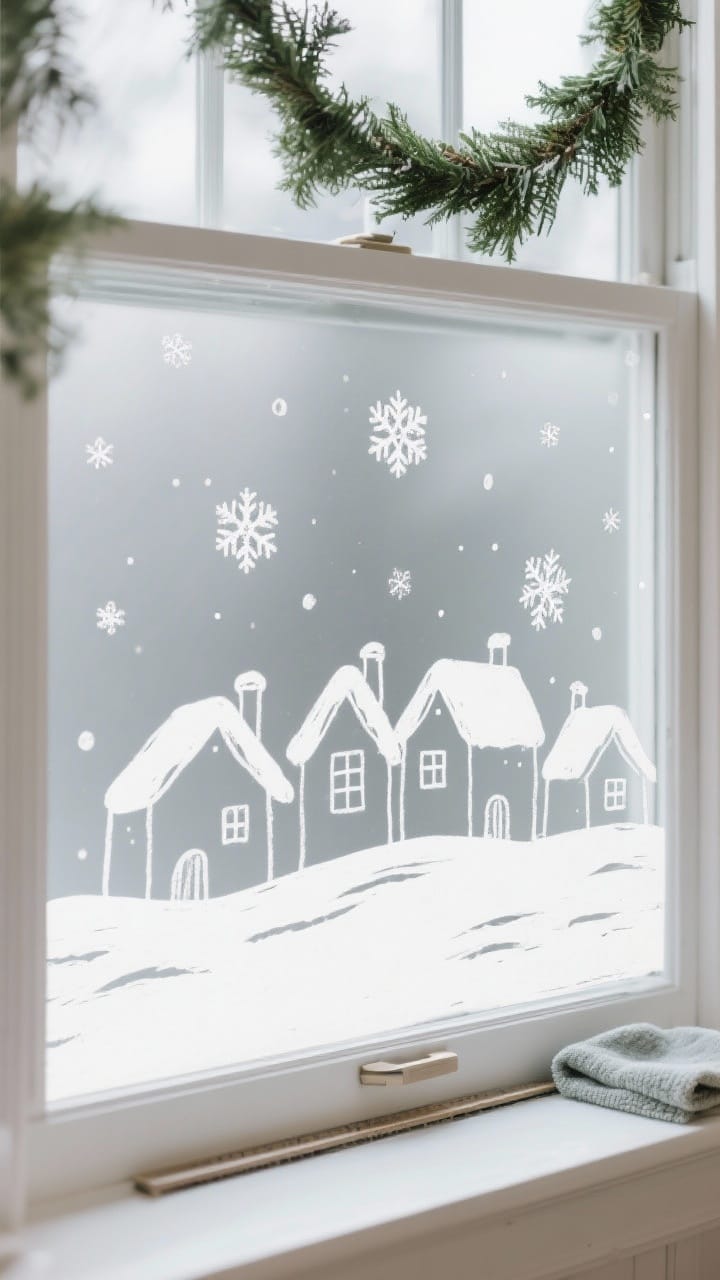 Photorealistic closeup of snowy window art: removable white decals and chalk marker illustrations forming a minimalist winter village silhouette along the lower pane with snowflakes drifting above; a simple greenery garland framing the art at the top edge; use of a straightedge visible on the sill and a microfiber cloth nearby; cohesive single-color white design with crisp, clean lines; overcast daylight for soft contrast; tight, detail-focused framing.