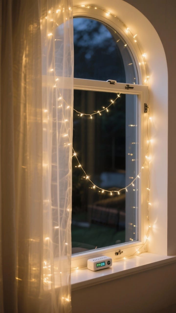 Photorealistic detail/medium shot of a window framed with warm white micro-LED fairy lights: a soft string looped behind sheer curtains for a diffused golden glow and a minimal outline of the window frame using adhesive clips; battery-operated pack subtly tucked near the sill with an auto-timer indicator; avoid cool white light; nighttime scene with reflective glass, clean and chic styling; corner-angle perspective.