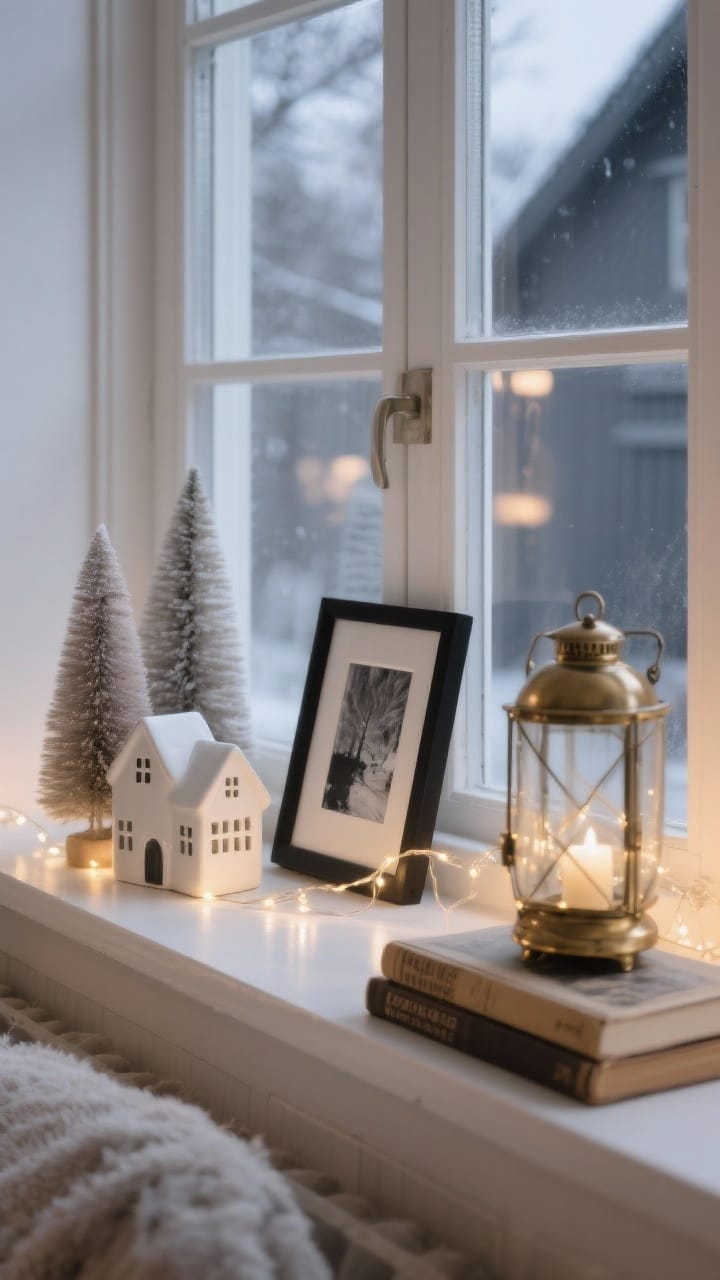 Photorealistic detail/medium shot of a window ledge styled as a winter vignette: Nordic neutrals theme with the rule of thirds—grouped elements include a small black-and-white photo frame, a pair of ceramic houses, bottle brush trees in soft taupe and white, a petite brass lantern, and a short stack of vintage books; a single string of warm micro lights woven subtly through the arrangement; uncluttered, intentional styling; soft evening glow with delicate reflections in the glass; angled closeup for depth.