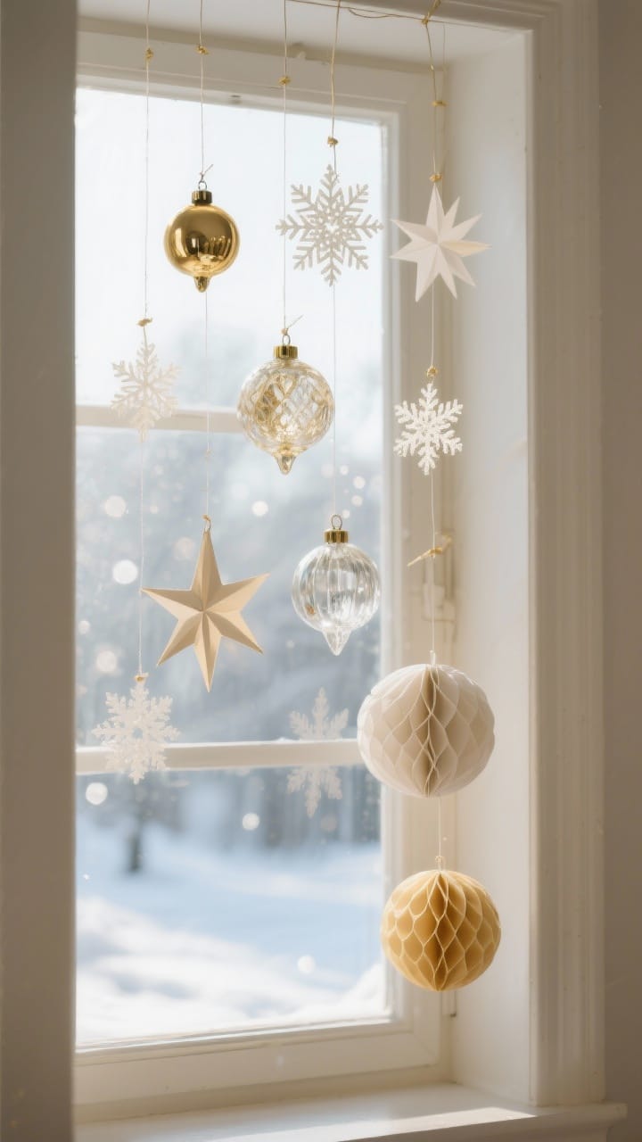 Photorealistic detail/medium shot of hanging window ornaments: glass ornaments, delicate paper stars, and a few snowflake cutouts suspended on nearly invisible fishing line at staggered heights just inside the frame to catch light; palette set to gold and white for an elegant look; odd-number grouping (5 pieces) for balance; a couple of paper honeycomb balls added for softness and volume; bright winter daylight sparkling through; straight-on composition, no clutter.