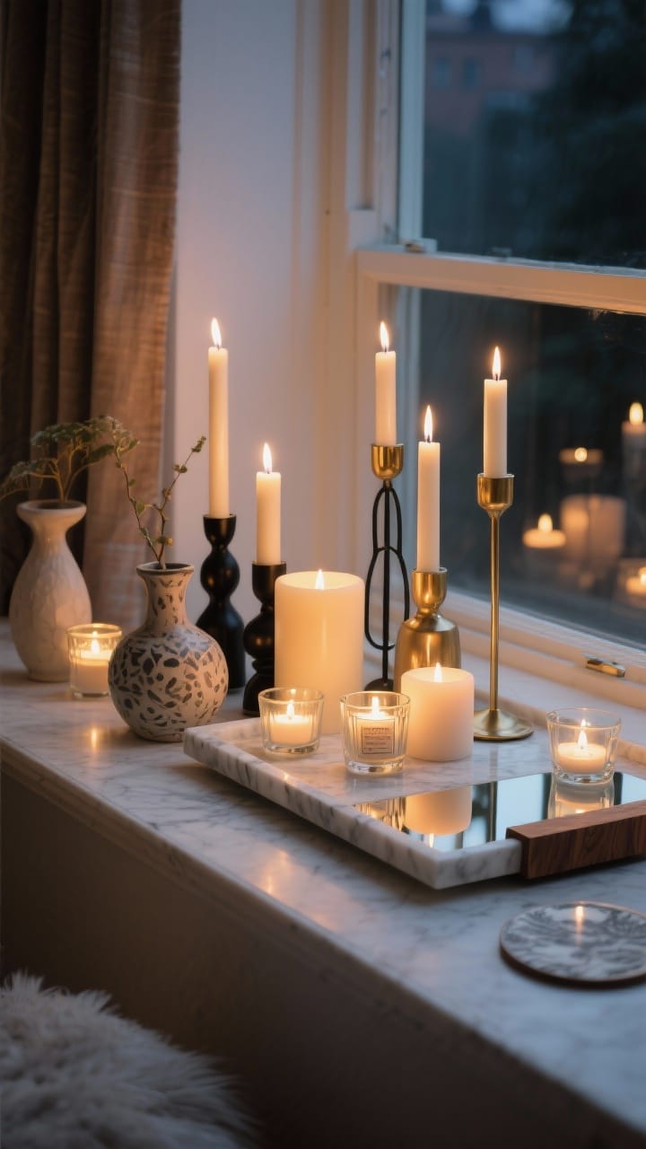 Photorealistic medium closeup of a candle-lit window sill: a curated cluster of pillar candles, tea lights, and LED flameless candles in varying heights; brass and black metal candleholders mixed with ceramic pieces for a modern-meets-organic look; candles arranged on a rectangular marble tray with a small wood accent; mirrored coasters reflecting warm glow onto the glass; dim evening lighting, safety-conscious spacing near curtains; straight-on detail view.