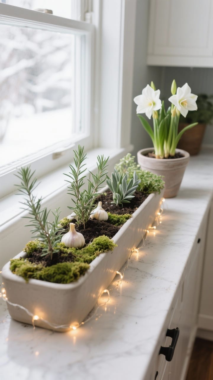 Photorealistic medium closeup of a winter herb and bulb garden on a kitchen window sill: a long trough planter with rosemary, thyme, and sage alongside pots of paperwhites and amaryllis; moss tucked around the soil for a finished look; mini warm-white fairy lights gently woven around the base for nighttime glow; bright natural daylight highlighting fresh greens; clean, cohesive containers in matte ceramic neutrals; slight overhead angle from the sill.