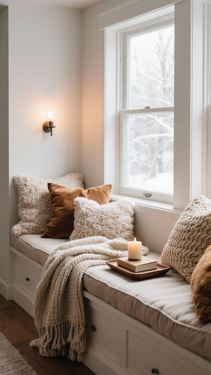 Photorealistic medium shot of a cozy winter window seat nook: a cushioned bench at the sill layered with chunky knit throws and mix-and-match pillows in bouclé, sherpa, velvet, and cable knit textures in warm neutrals; a folded soft throw draped over the sill; a small wooden tray holding a candle and a book; optional wall-mounted sconces flanking the window for evening warmth; overhead natural light with gentle highlights; inviting nap-ready mood; slightly angled perspective.
