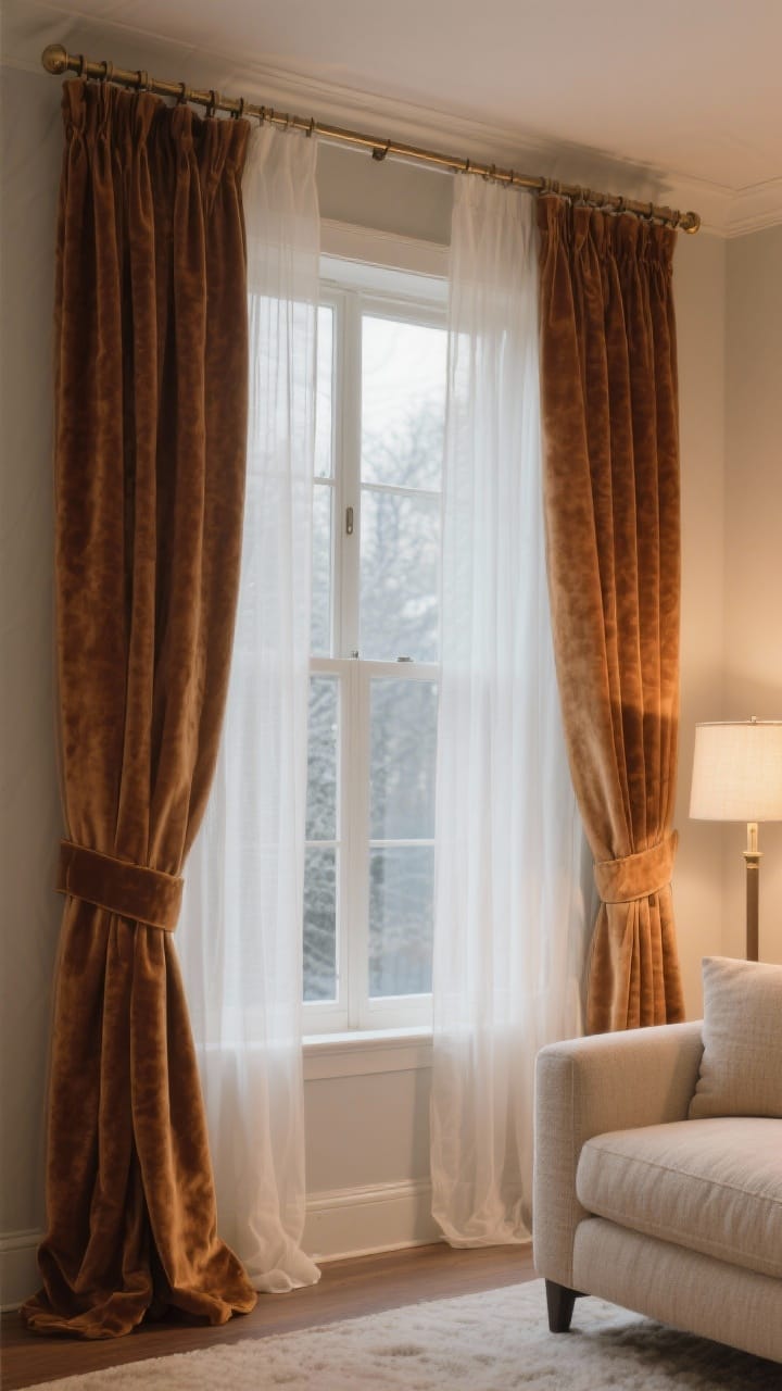 Photorealistic medium shot of a living room window dressed in layered window treatments: warm white sheer curtains closest to the glass with sunlight softly diffused, and caramel velvet drapes over thick linen side panels in cocoa and oatmeal tones that just kiss the floor; curtain rod mounted 10 inches above the frame and extended wider for a taller look; evening lamp glow hinted from the side; textures emphasized—velvet pile, linen weave; no people, cozy winter mood, straight-on view.