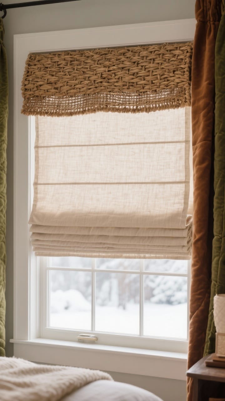 Photorealistic medium shot of a window with cozy Roman shades and a woven valance: inside-mount Roman shade in oatmeal linen with thermal lining, paired with a natural woven valance for texture; warm tones of toffee and moss accents in nearby side panels for added insulation; soft winter daylight filtering through the fabric; tailored lines and designer finish; straight-on composition emphasizing clean structure.