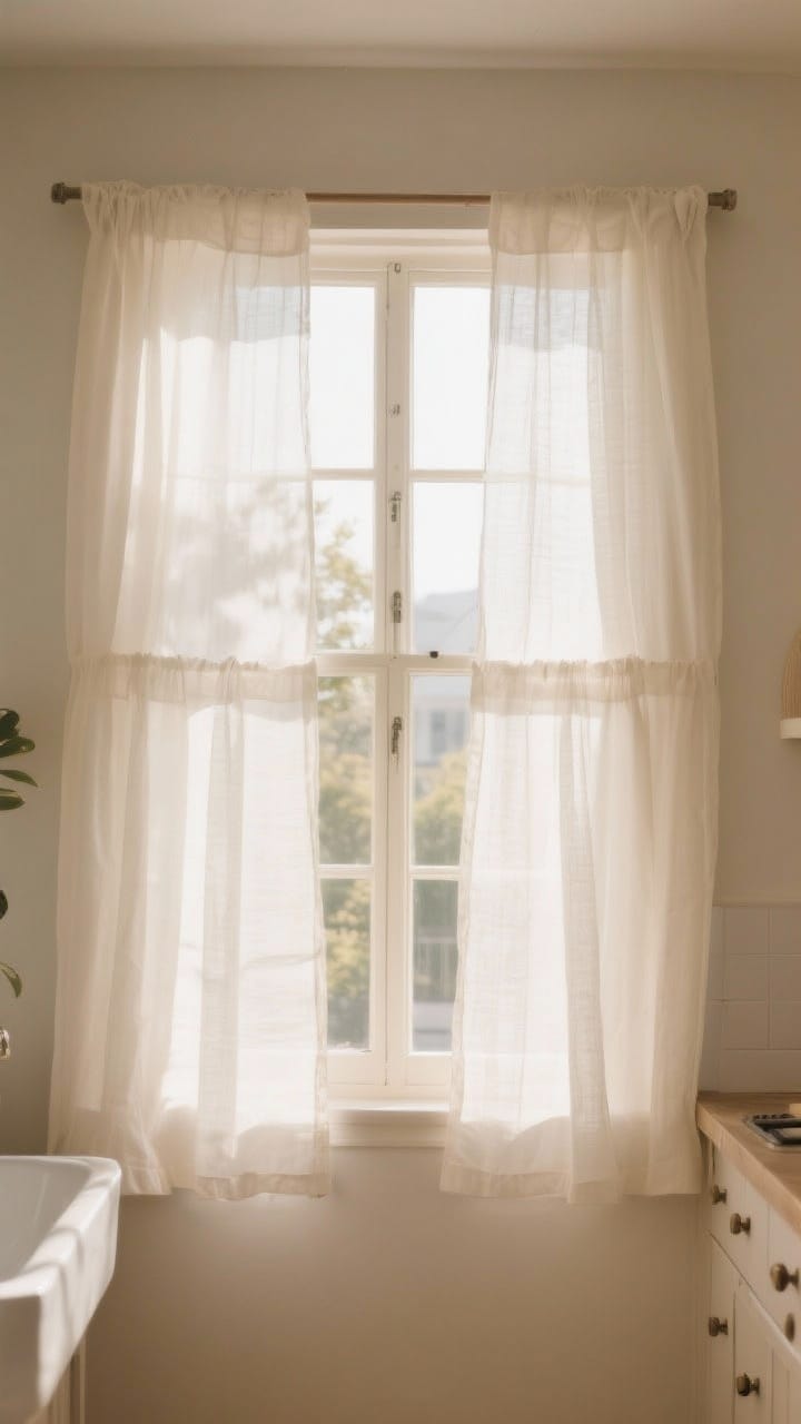 Photorealistic medium shot of cozy café curtains: lightweight linen or cotton gauze café panels in warm white mounted at just under half the window height, providing soft privacy on the lower half while the upper panes flood the space with daylight; optionally paired with a simple valance or left bare on top for a relaxed feel; especially suited to a kitchen or bathroom setting; warm, gentle morning light; straight-on view, minimal decor.