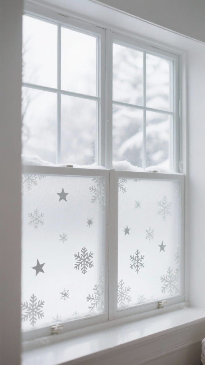 Photorealistic straight-on closeup of frosted window film: lower panes covered with removable frosted film featuring playful cut-out patterns—snowflakes and star motifs—while the top panes remain clear for views and daylight; soft, snowy-morning glow filtering through; crisp edges and clean application lines; minimal surrounding decor to emphasize the film; bright overcast lighting.