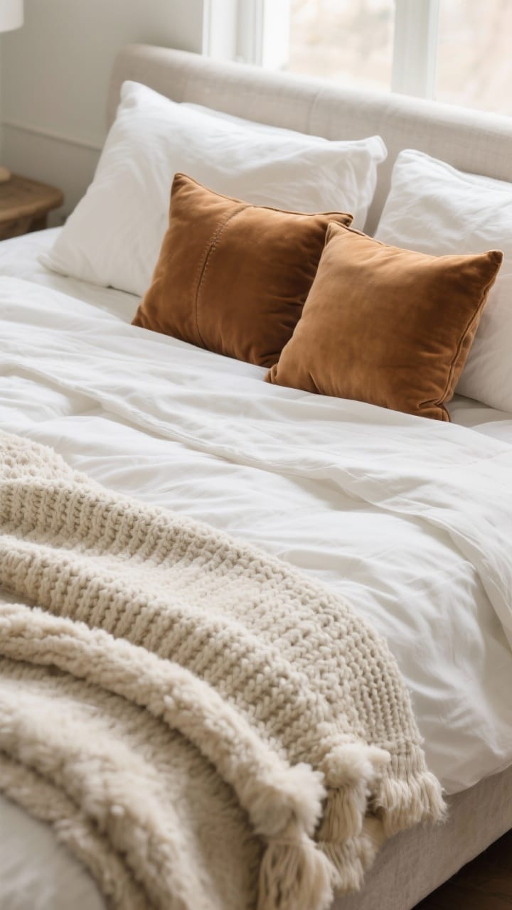 Closeup of a neutral winter bed layered with ivory cotton sheets, a warm-stone linen duvet, a chunky cream knit throw and a soft faux fur blanket