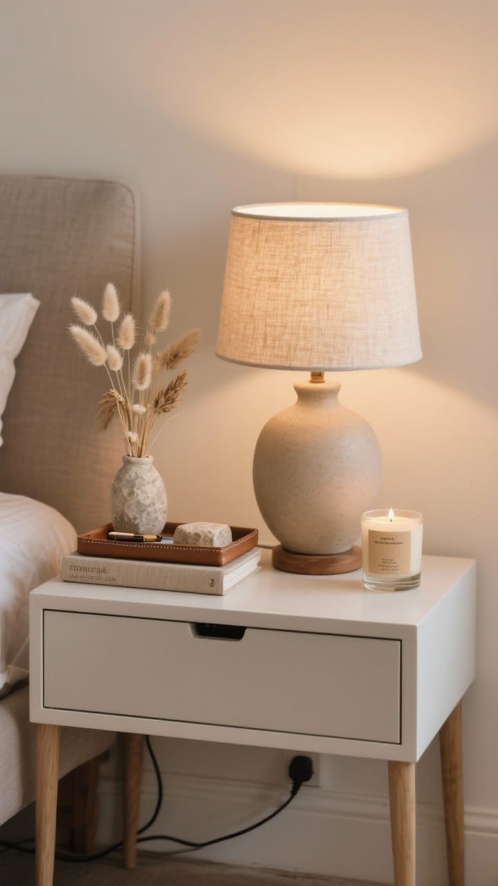 Simplified nightstand styled with a warm lamp, a stone tray, a book stack, dried stems and a candle