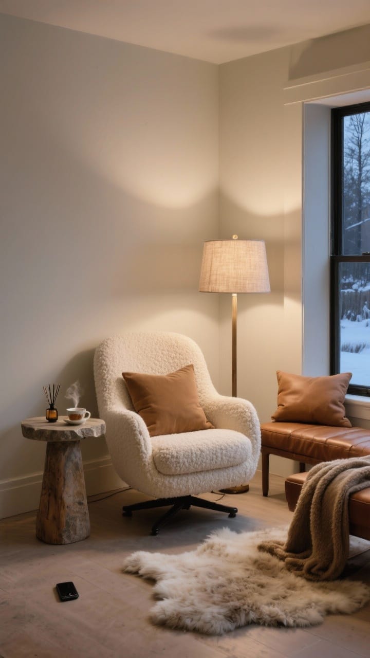 Corner reading nook with a boucle swivel chair, a small pedestal table, a plush throw and a floor lamp